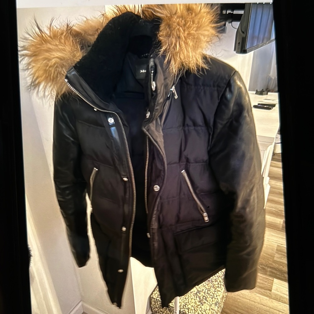 Mackage Gavin black Down Coat with Leather Sleeves and Fur Hood